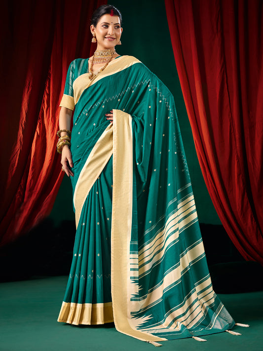Teal Silk Saree with Cream Zari Border & Mirror Work