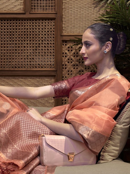 Peach Silk Blend Heritage Banarasi Style Saree