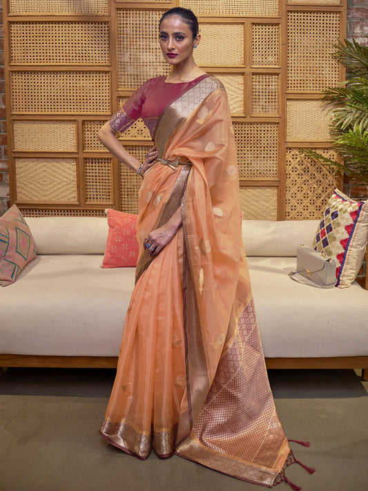 Peach Silk Blend Heritage Banarasi Style Saree
