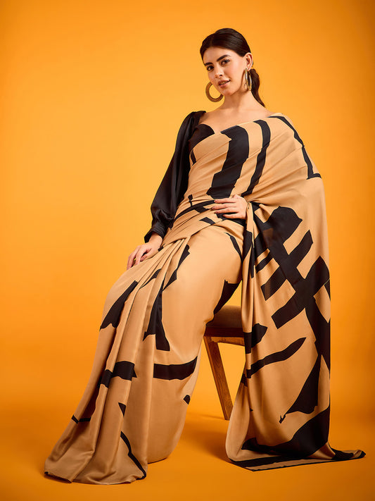 Beige & Black Geometric Saree