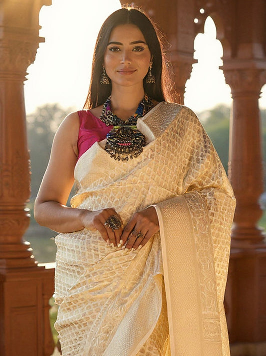 Off White Silk Blend Banarasi Silk Saree