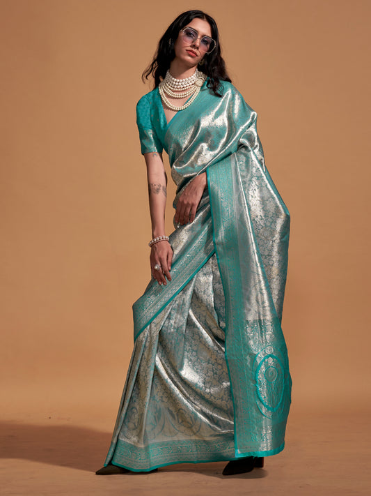 Teal Blue Jari Silk Kanjivaram Saree