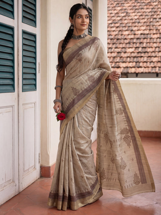 Beige & Cream Tussar Silk Saree