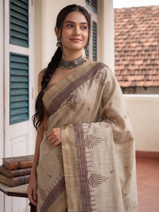 Beige & Cream Tussar Silk Saree