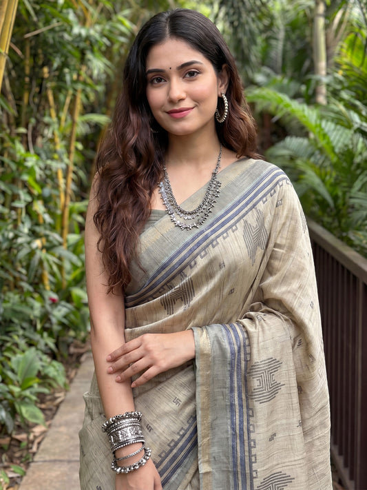 Beige & Grey Tussar Silk Sare