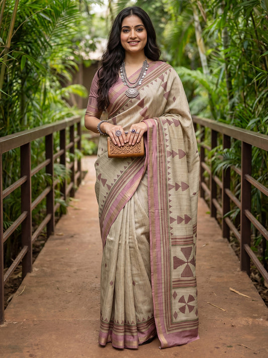 Beige & Mauve Tussar Silk Saree