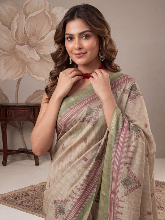 Beige & Green Tussar Silk Saree