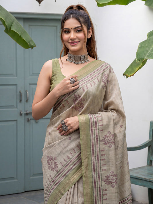 Beige & Green Tussar Silk Saree