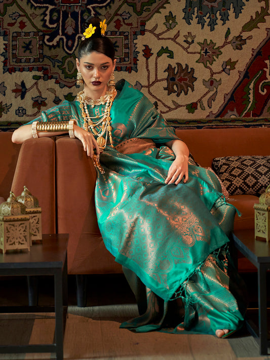 Teal Blue Banarasi Silk saree