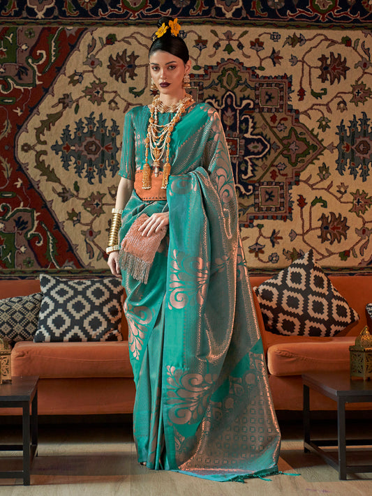 Teal Blue Banarasi Style Silk Blend Copper Zari saree