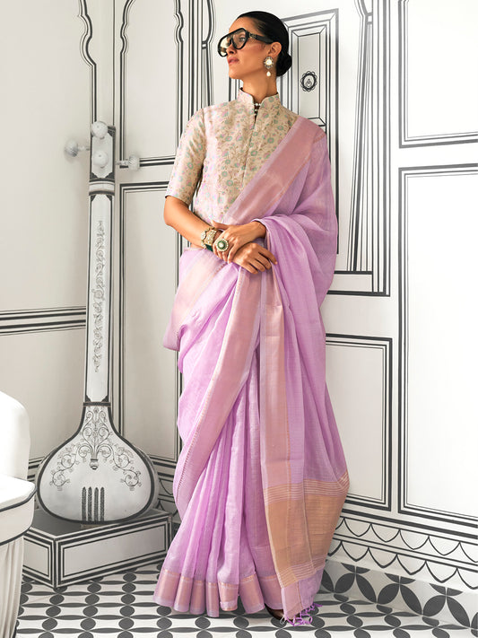 Lavender Silk Blend Heritage Handloom Style Saree