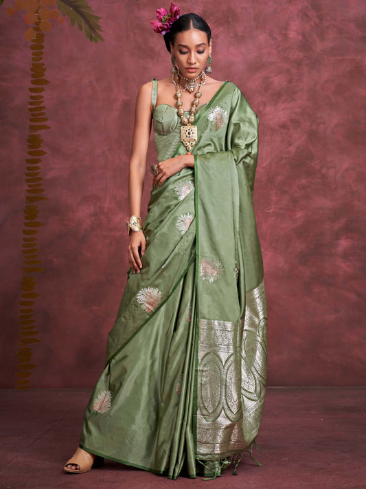 Green Satin Silk Woven Zari Saree