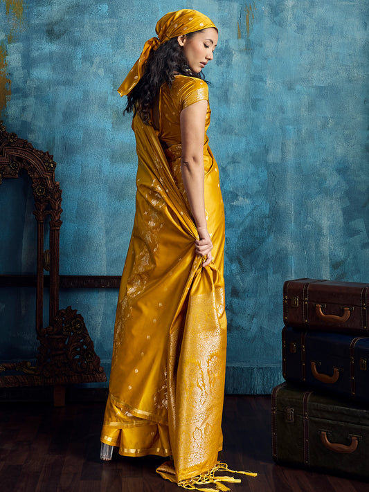Mustard Yellow Banarasi Silk Saree with Heritage Motifs