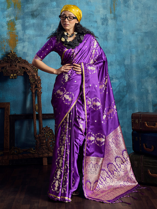 Purple Banarasi Silk Saree with Heritage Motifs