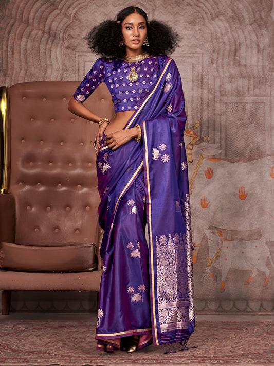 Purple : Satin Silk : Banarasi Woven : Pichwai Motifs : Gold Zari : Blouse Saree