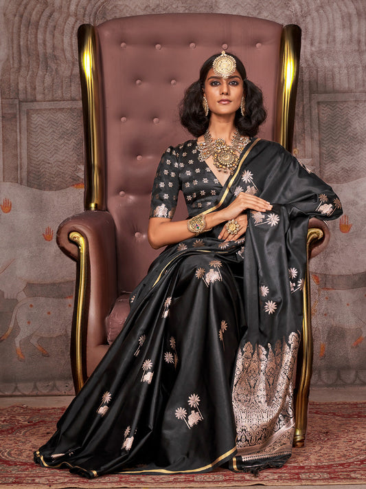 Jet Black Banarasi Silk Tree of Life Motifs Saree