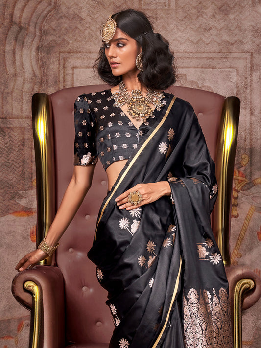 Jet Black Banarasi Silk Tree of Life Motifs Saree