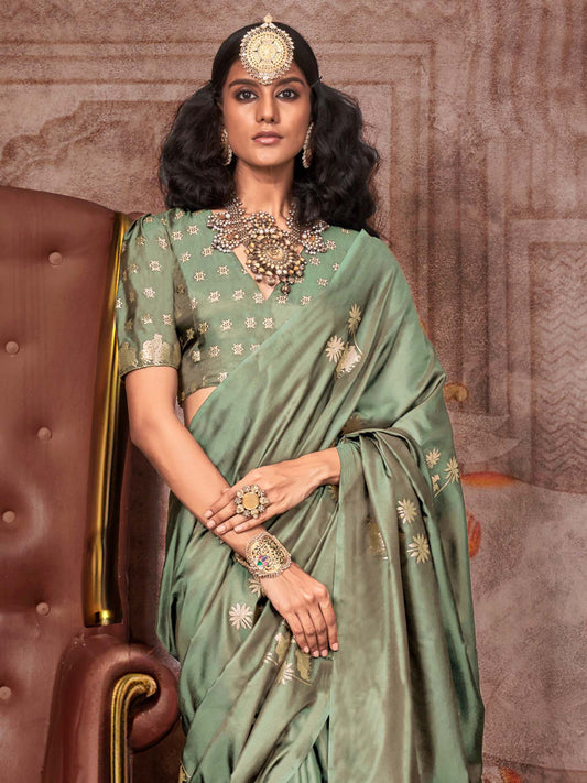 Sage Green satin Gold Zari Saree