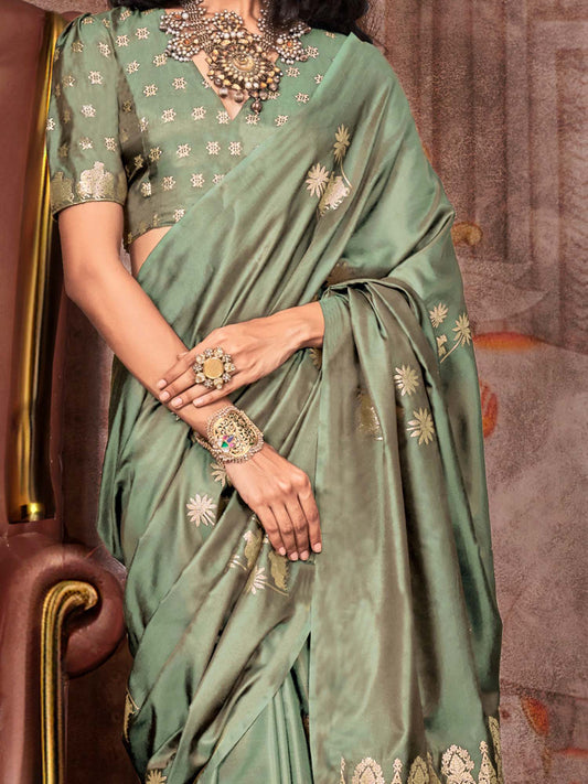 Sage Green satin Gold Zari Saree
