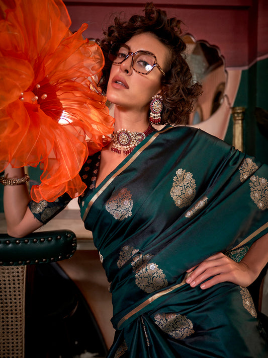 Heritage Dark Green Banarasi Silk Blend Saree