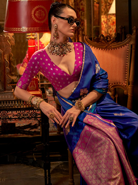 Royal Blue Banarasi Silk Saree with Rani Pink Contrast