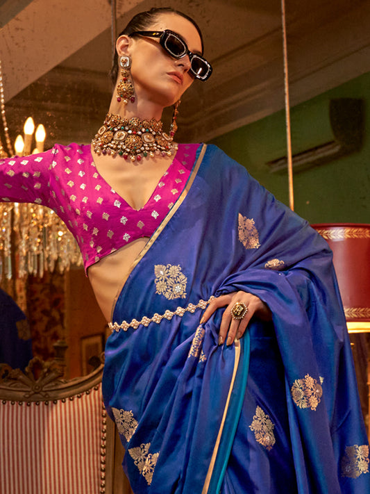 Royal Blue Banarasi Silk Saree with Rani Pink Contrast