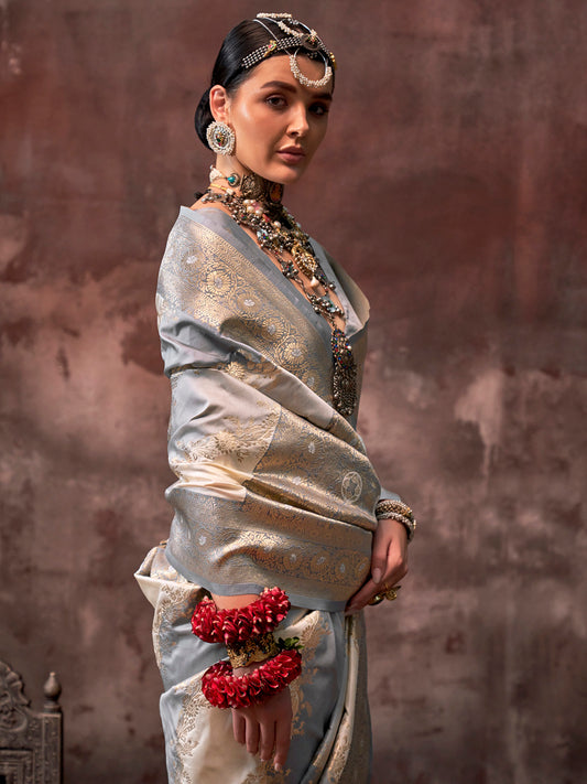 Elegant Light Grey-Blue Banarasi Silk Saree