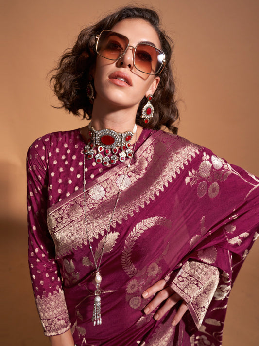 Purple Silk Blend With Silver Weaving Zari Border