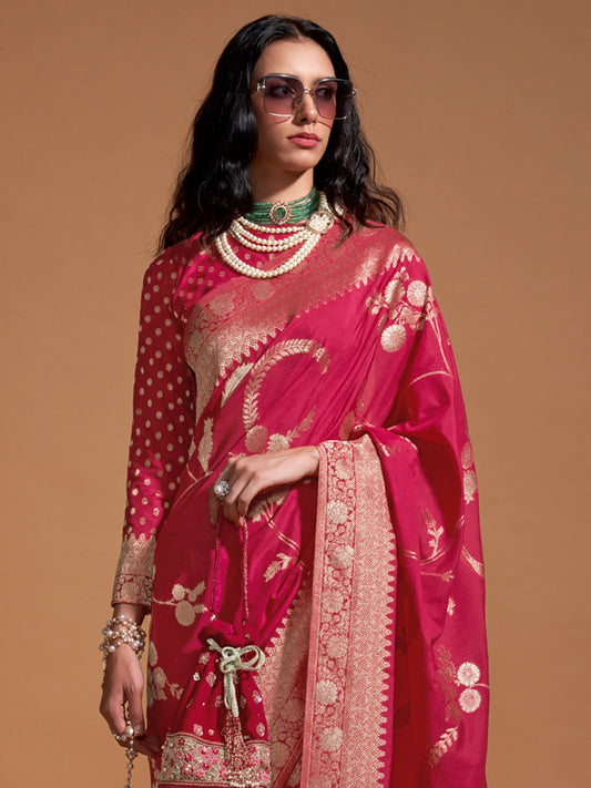 Pink Zari Woven Georgette Banarasi Saree