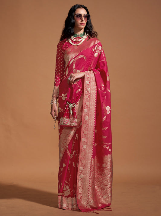 Pink Zari Woven Georgette Banarasi Saree