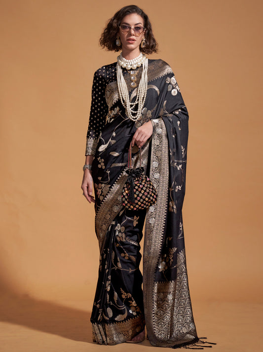 Black Silk Blend Banarasi Style Zari Weave Saree