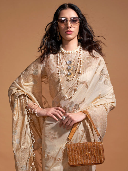Off-White Silk Blend Banarasi Style Saree