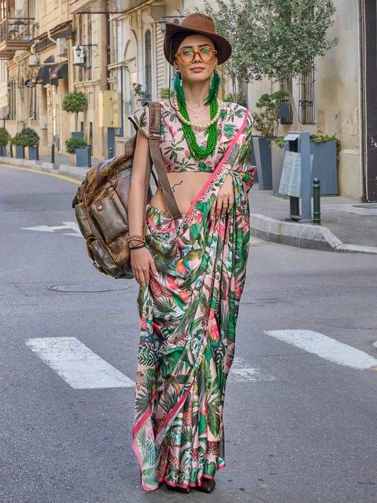 Cream Silk Blend Tropical Heritage Print Saree