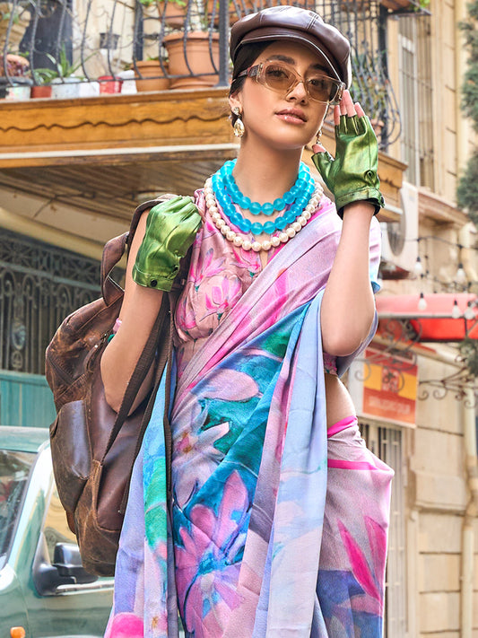 Multicolor Floral Digital Print Satin Silk Saree