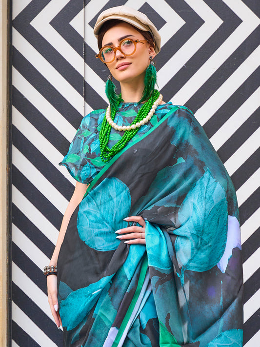 Teal & Green Abstract Digital Print Satin Silk Contemporary Blouse