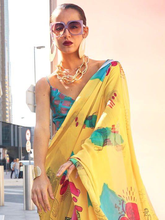 Yellow Abstract Digital Print Polyester Saree