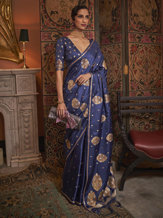 Navy Blue Satin Silk Banarasi  Saree