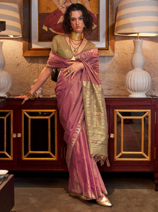 Peach Silk Blend Weaving Contrast Border Saree