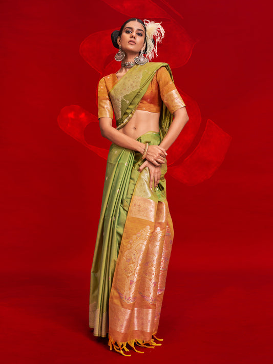 Lime Green Silk Blend Banarasi Weave Saree