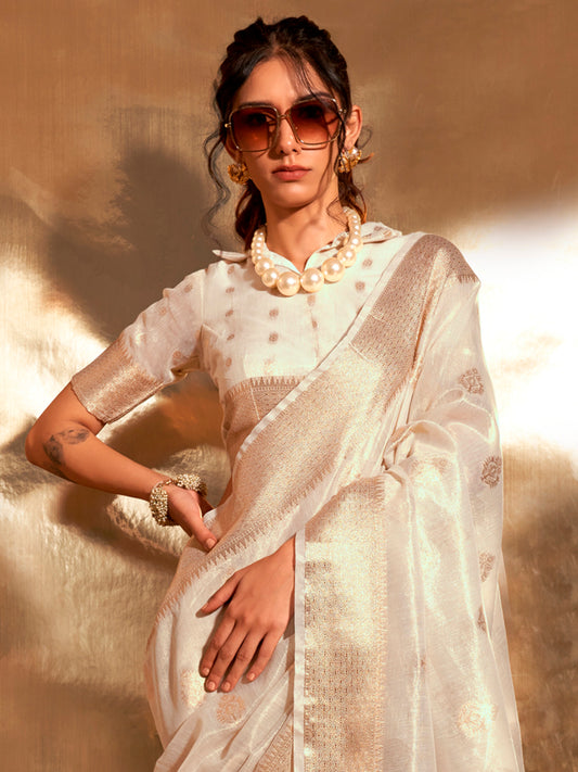 Off-White Zari Woven Tissue Saree with Meenakari Pallu