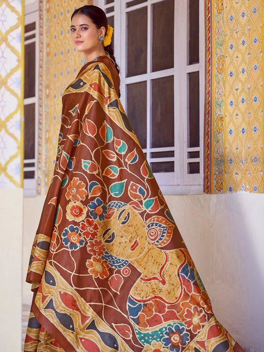 Chocolate Brown Tussar Silk Saree with All-Over Kalamkari Scrolling Vine, Paisley Leaf & Floral Print, Matsya Fish Motif, Kalamkari Fish Border & Brown Blouse