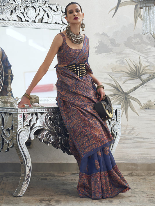 Navy Blue Silk Blend Ajrakh Heritage Print  Saree