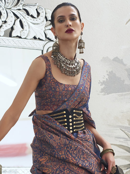 Navy Blue Silk Blend Ajrakh Heritage Print  Saree