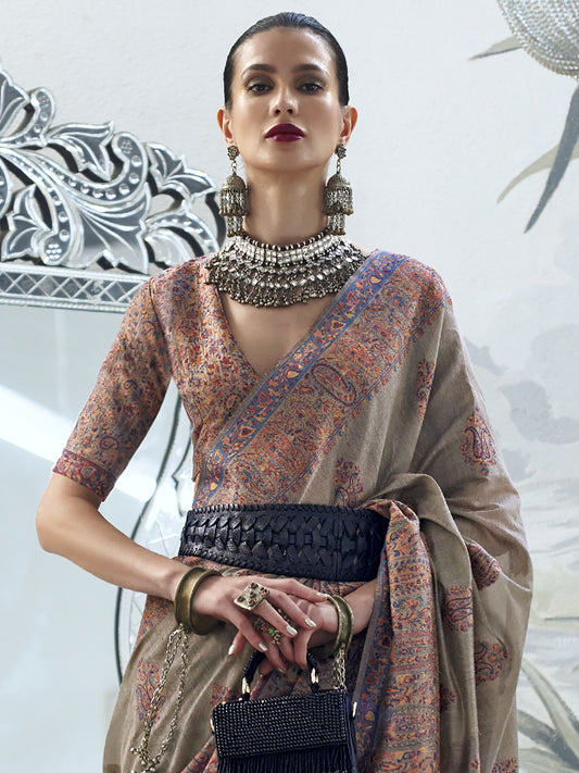 Cream Silk Blend Floral Print Saree
