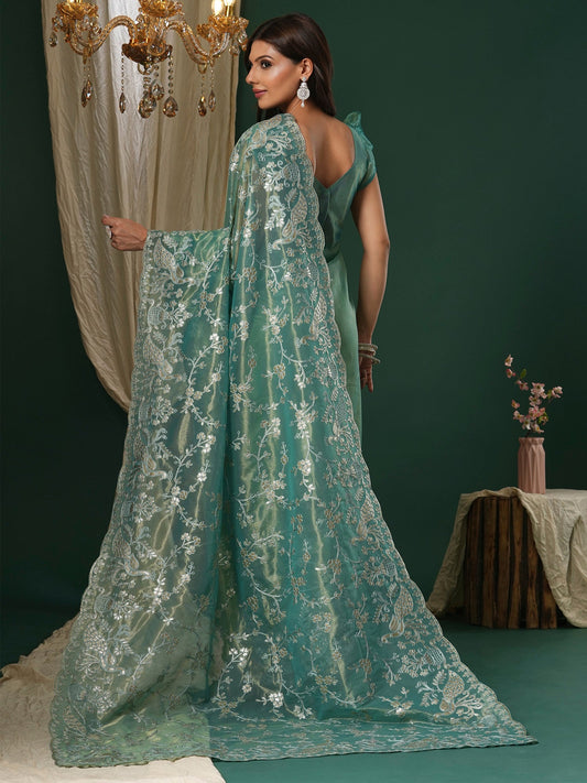 Sage Green Supernet Embroidered Saree