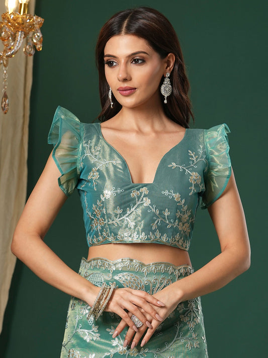 Sage Green Supernet Embroidered Saree