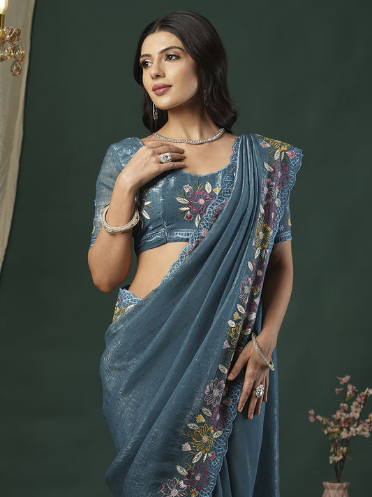 Teal Blue Tissue Multi-Color Embroidery Saree