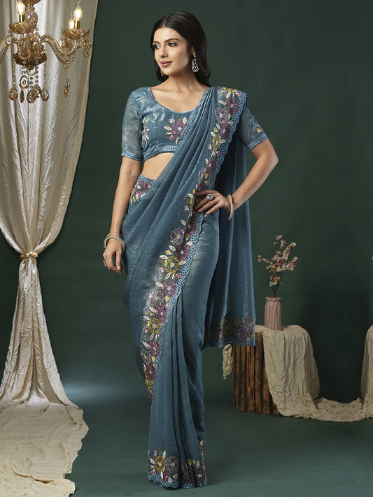 Teal Blue Tissue Multi-Color Embroidery Saree