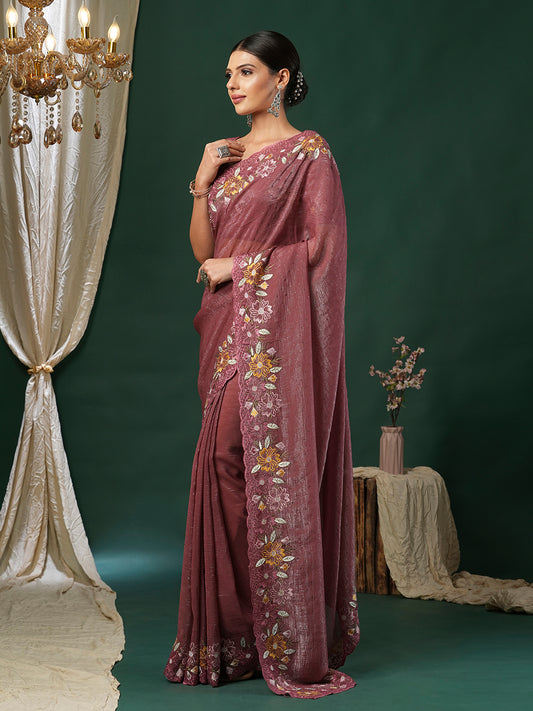 Pink Tissue Embroidery Floral Border Saree