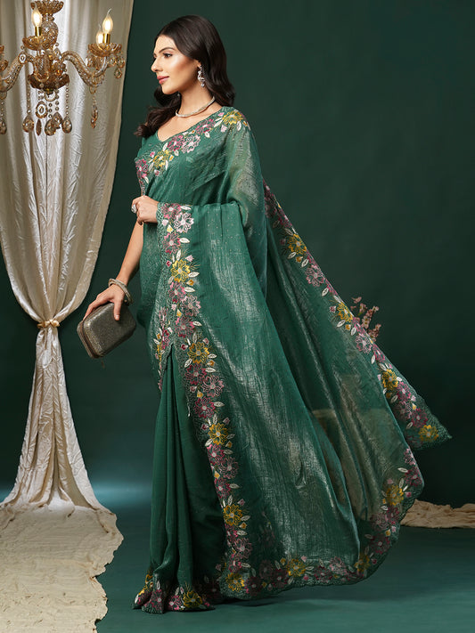 Heritage Dark Green Silk Blend Saree